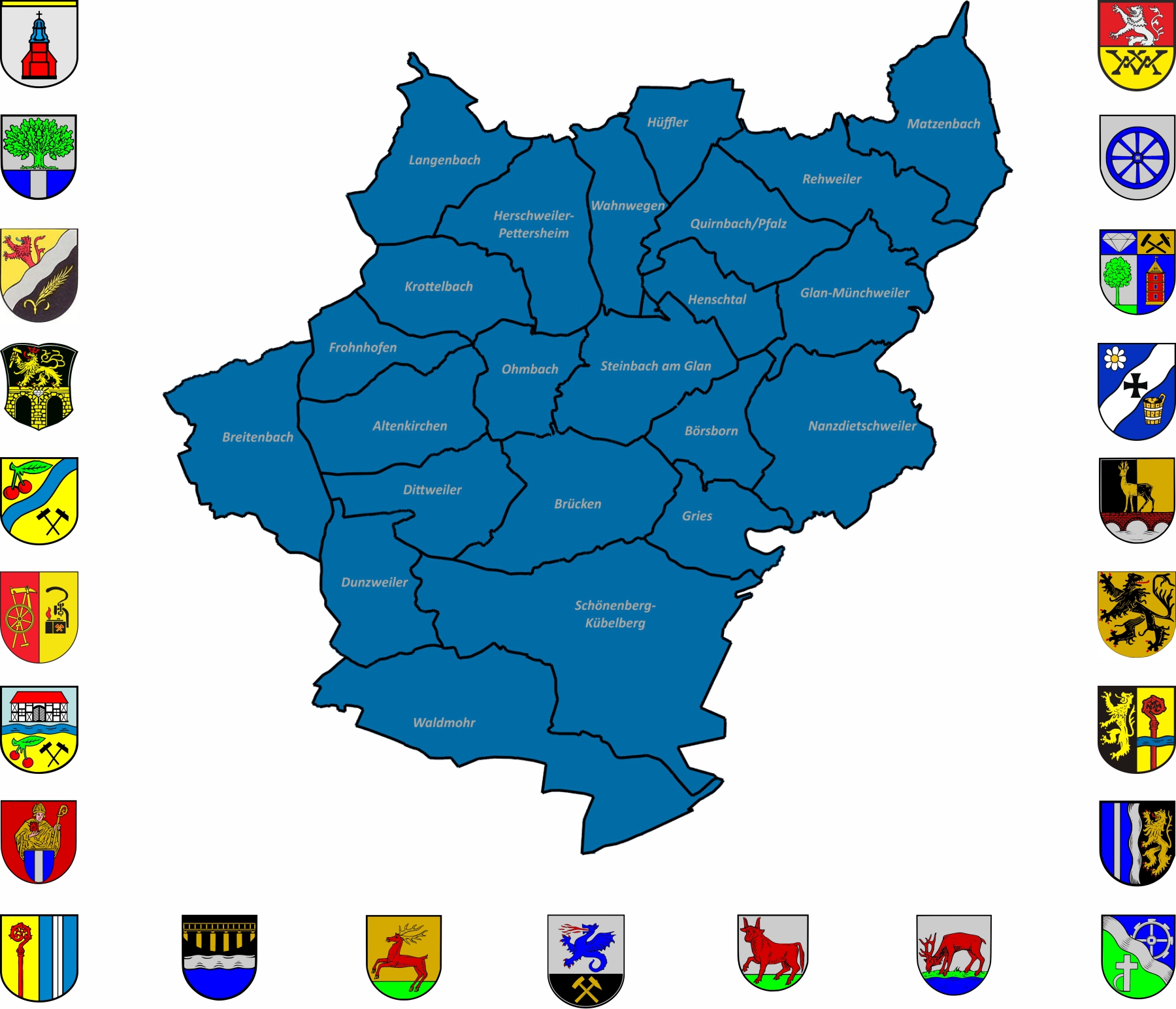 Karten der VG Oberes Glantal mit Wappen der Ortsgemeinden